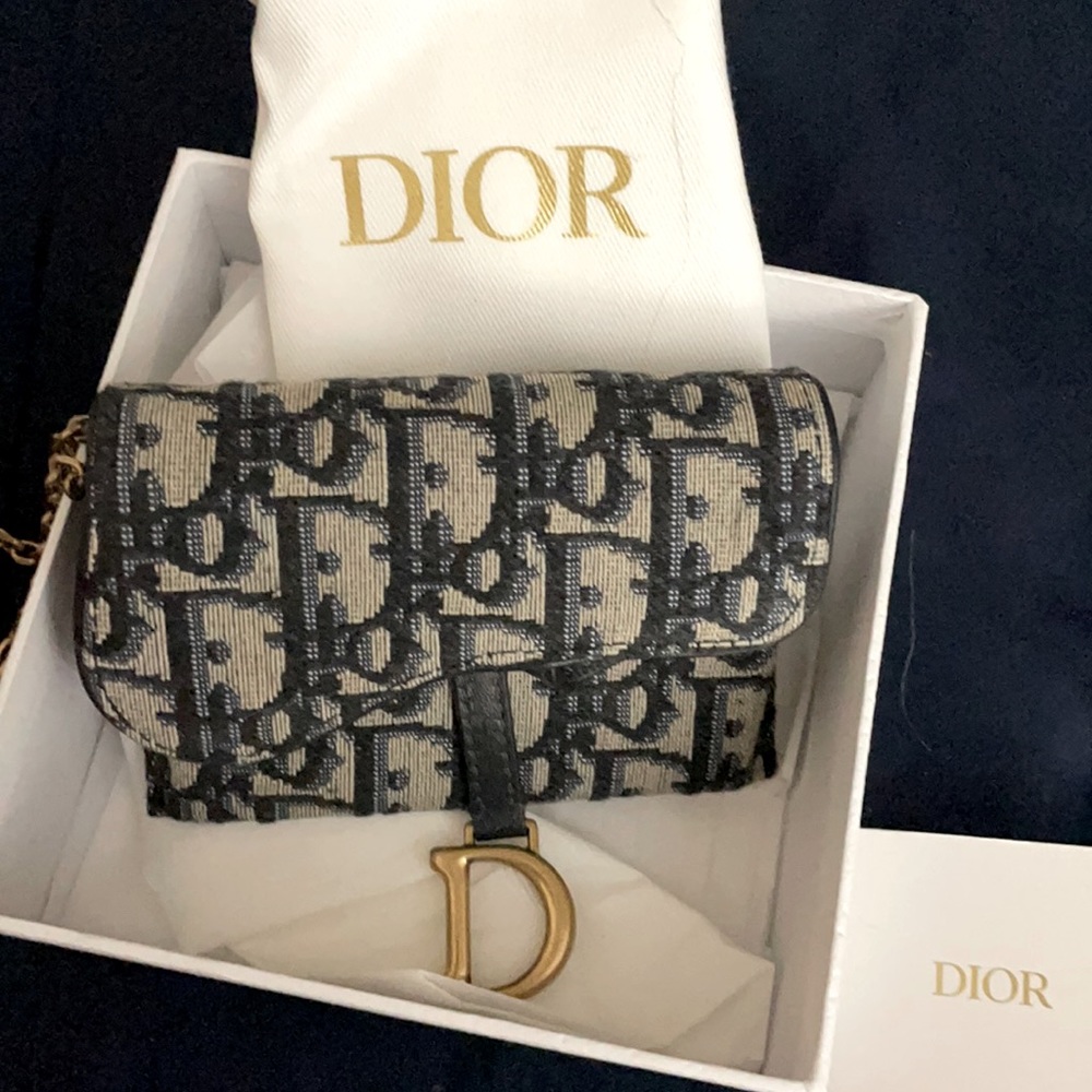 Dior Mini Saddle Bag in Black and Beige Monogram Canvas with Gold 'D' Charm